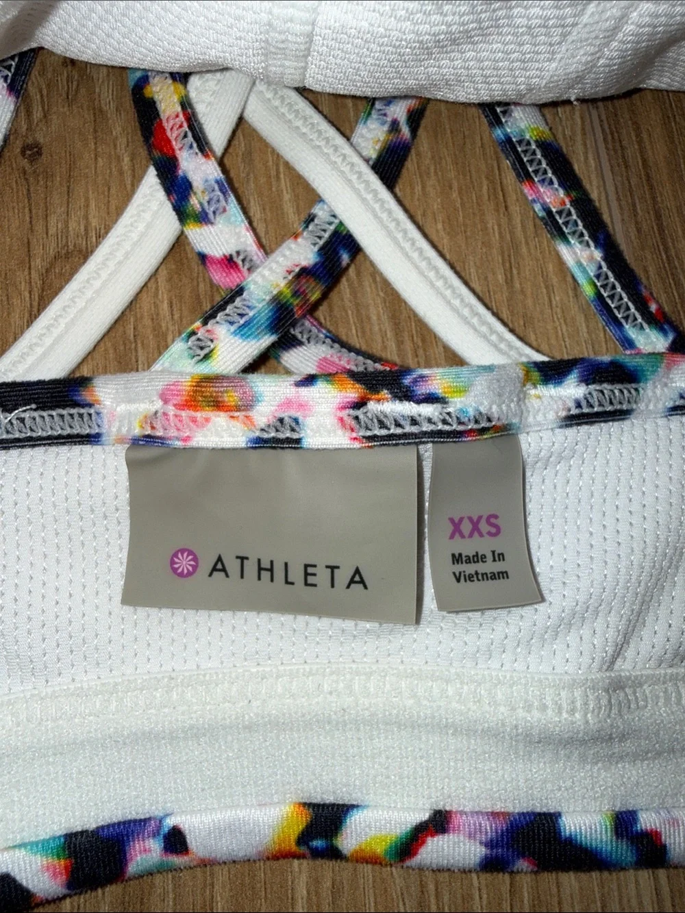 Athleta White Strappy Sports Bra with Multicolor Floral Trim